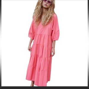 Zara Pink Tiered Poplin Dress NWT